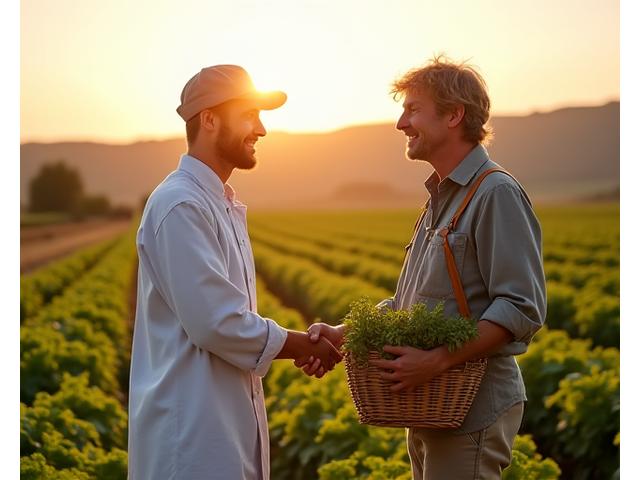 Chef discutant avec un agriculteur local dans un champ de légumes