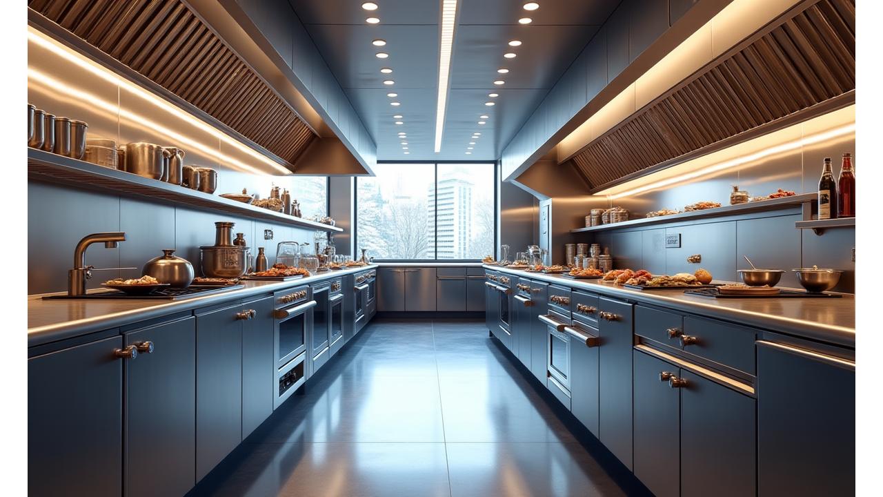 Intérieur lumineux de la cuisine professionnelle de Lumière Cuisine à Paris