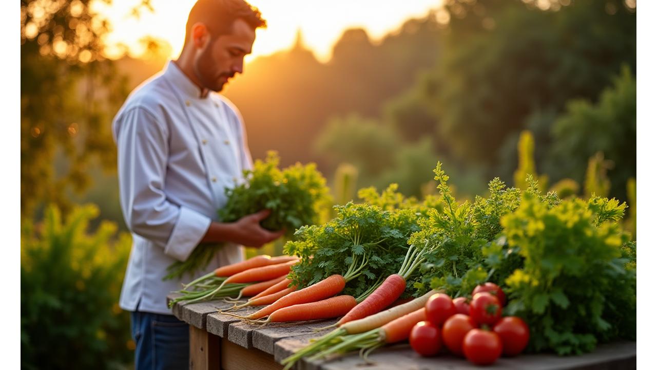 Des ingrédients frais et locaux, avec un chef cueillant des herbes aromatiques dans un jardin potager, symbolisant l'engagement de Lumière Cuisine pour la cuisine durable.