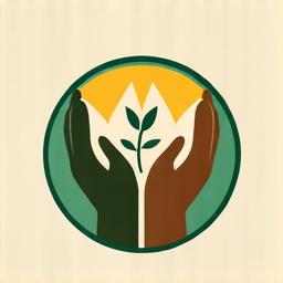 Un logo stylisé de commerce équitable, montrant des mains stylisées soutenant une plante ou un germe, avec des couleurs chaudes représentant la solidarité.