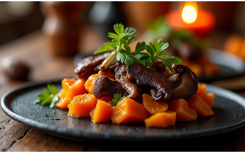 Un plat d'automne riche en couleurs, avec des cèpes, de la courge butternut rôtie, et du gibier, servi sur une table en bois rustique.