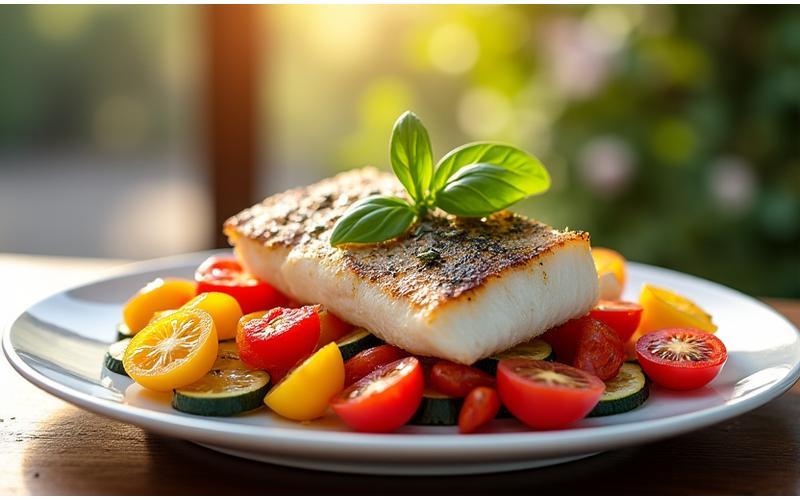 Un plat estival coloré avec des tomates anciennes, de la courgette fleur, et du thon pêché à la ligne, baigné de lumière naturelle.