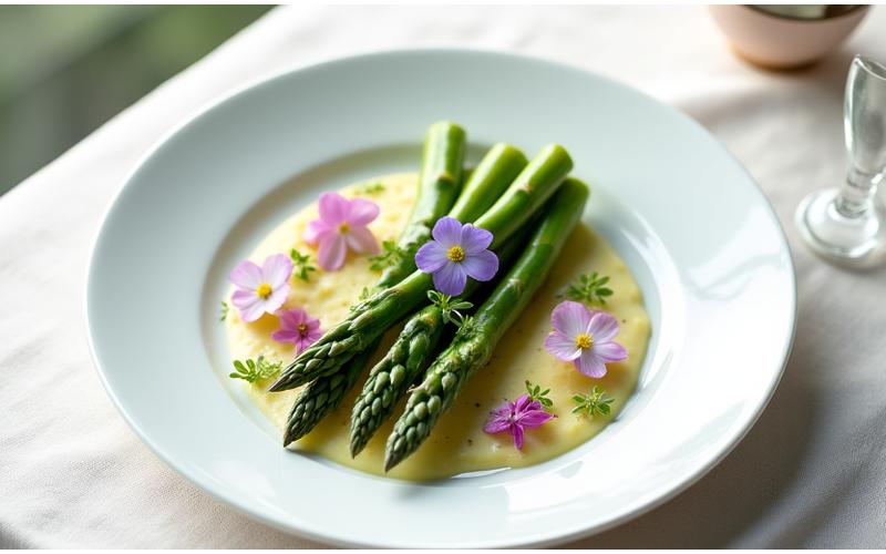 Un menu de printemps élégamment dressé avec des asperges vertes, des radis croquants, et des fleurs comestibles, mettant en avant la fraîcheur saisonnière.