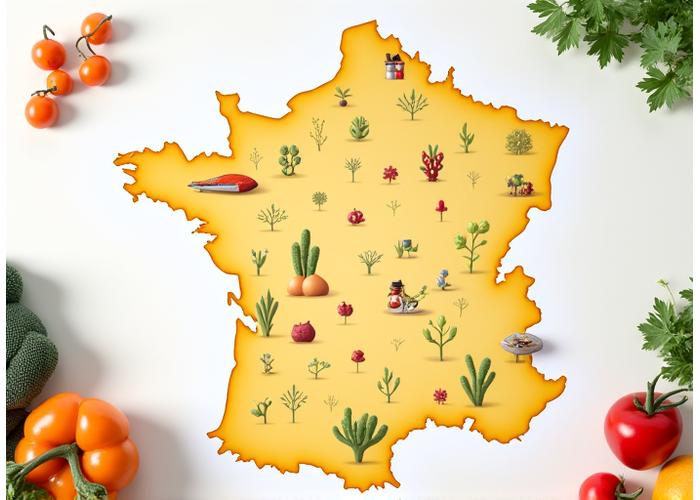 Carte de la région Île-de-France parsemée de marqueurs, chacun représentant un producteur local partenaire de Lumière Cuisine, avec des illustrations de légumes frais, de fromages, et d'animaux de ferme.