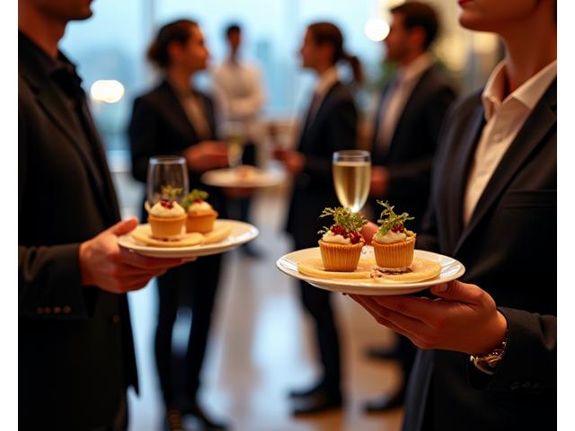 Dégustation professionnelle de canapés lors d'un cocktail d'entreprise