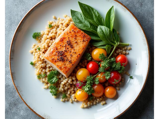 Assiette colorée et équilibrée avec légumes, quinoa et poisson