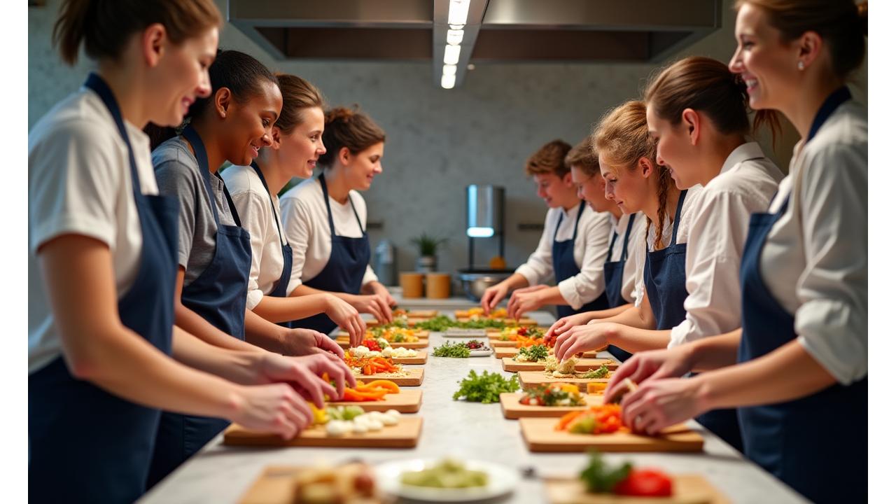 Équipe participant à un atelier culinaire de team building