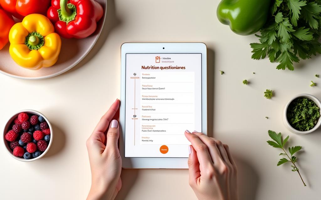 Une main remplissant un questionnaire nutritionnel sur une tablette, avec des aliments frais colorés en arrière-plan.
