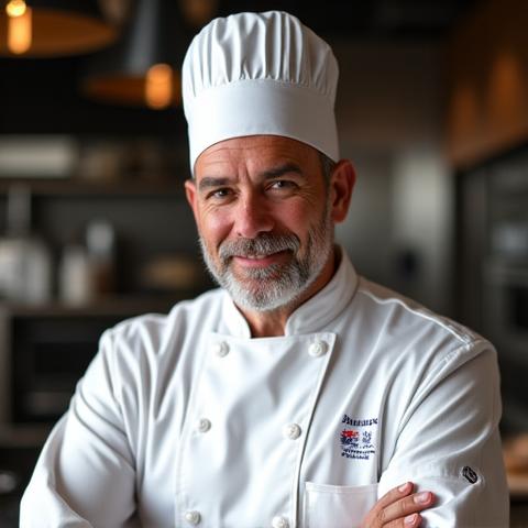 Photo d'Antoine Rivière, chef exécutif, en toque et tenue de cuisine, avec un air concentré et passionné