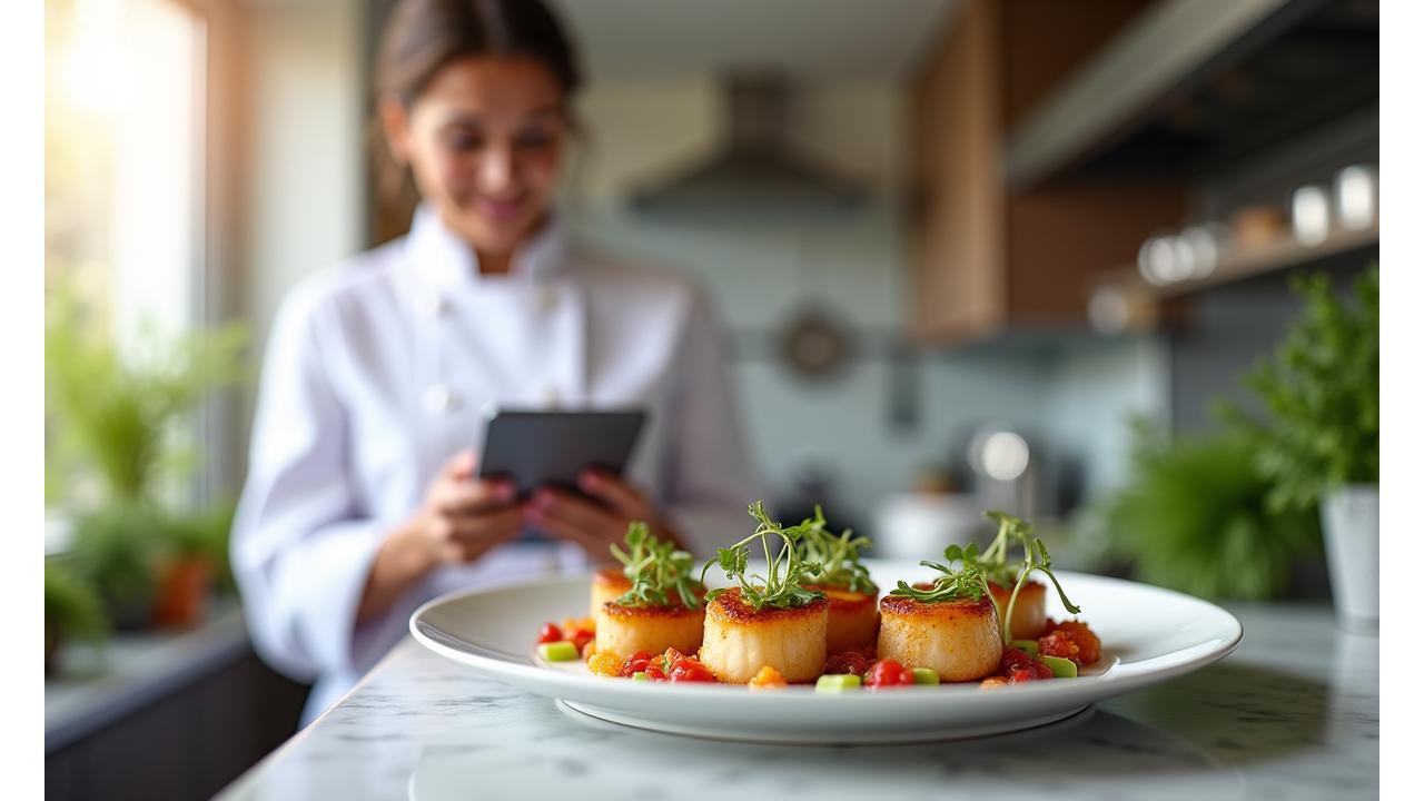 Un chef en veste blanche présentant un plat gastronomique coloré et équilibré, avec une nutritionniste souriante en arrière-plan consultant des rapports. Ambiance lumineuse et professionnelle.