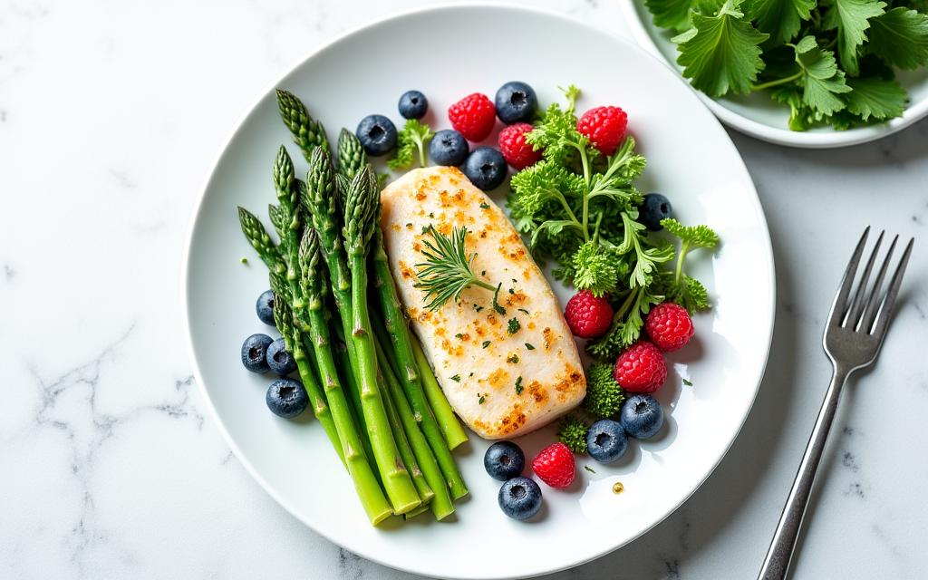 Plat de menu détox coloré avec des légumes verts, du poisson blanc et des baies, présenté artistiquement.