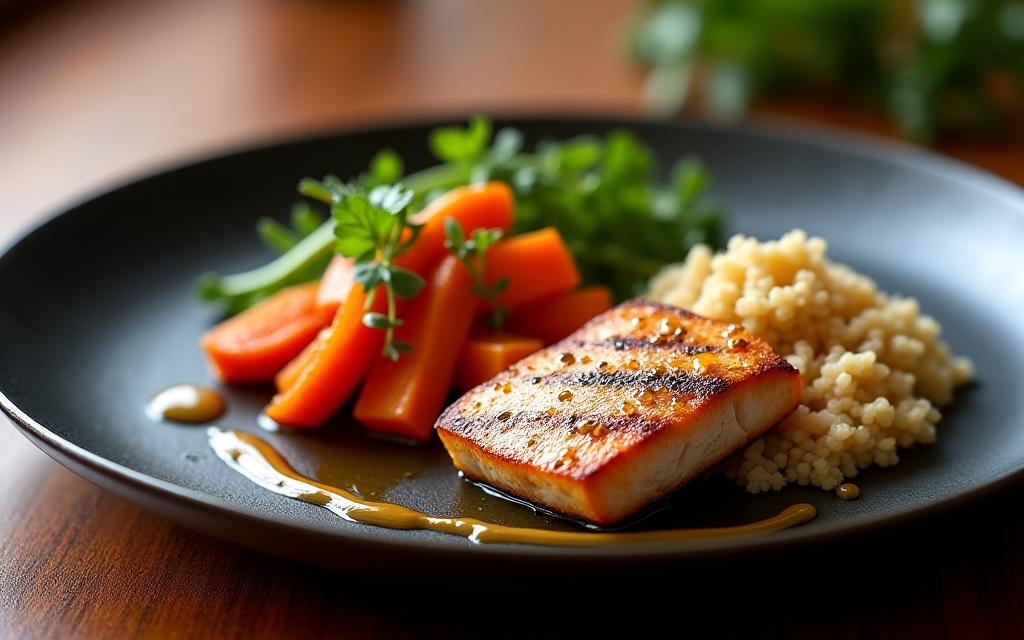 Assiette gastronomique équilibrée avec une petite portion de filet de poulet grillé, quinoa, légumes vapeur et une sauce légère.