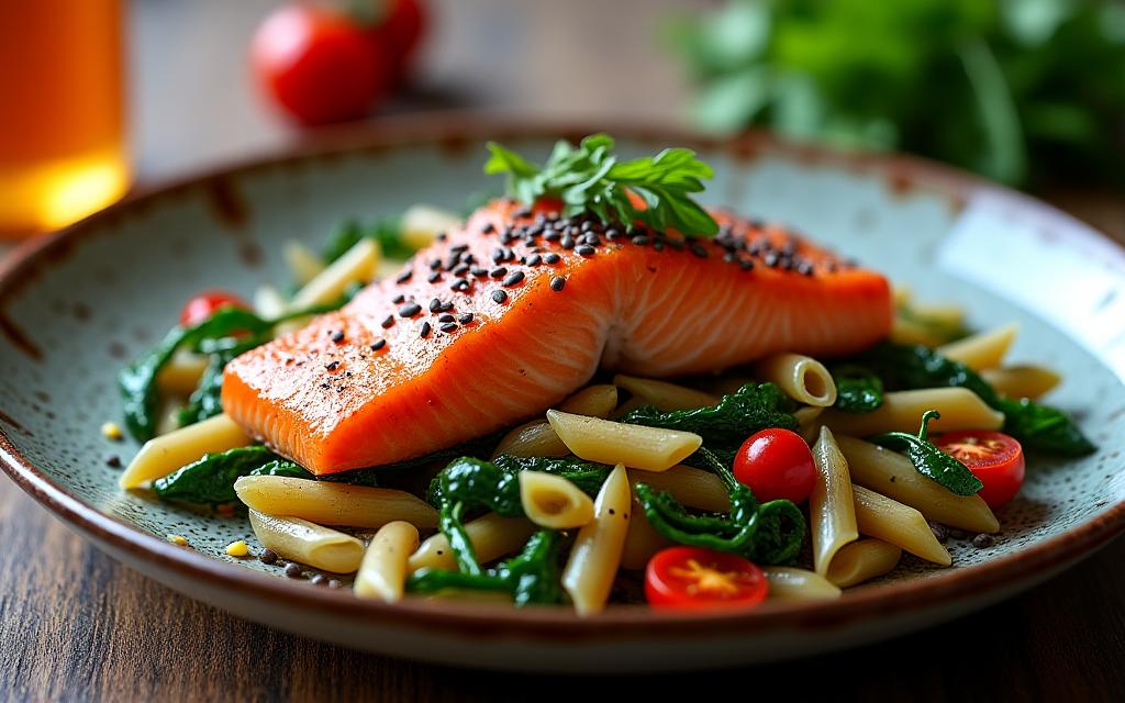 Photo d'une assiette de pâtes complètes avec du saumon, des épinards, et des graines de chia, visuellement très nutritive.
