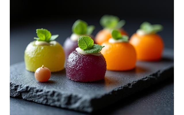 Mignardises colorées de style fusion, architecture alimentaire