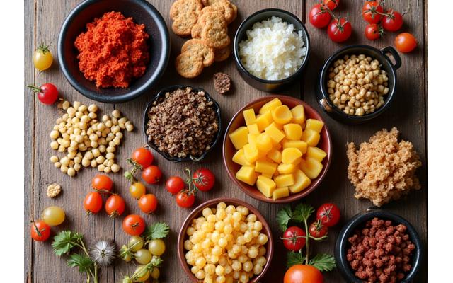 Sélection de produits snacking du monde, épices colorées