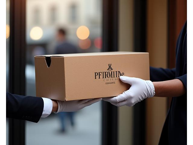Main élégante tenant une boîte de livraison premium Lumière Cuisine, fond urbain parisien flou
