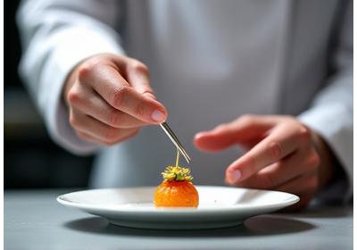 Chef cuisinier travaillant sur des créations miniatures avec précision