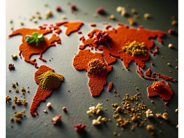 Globe stylisé entouré d'ingrédients exotiques et d'épices, carte du monde
