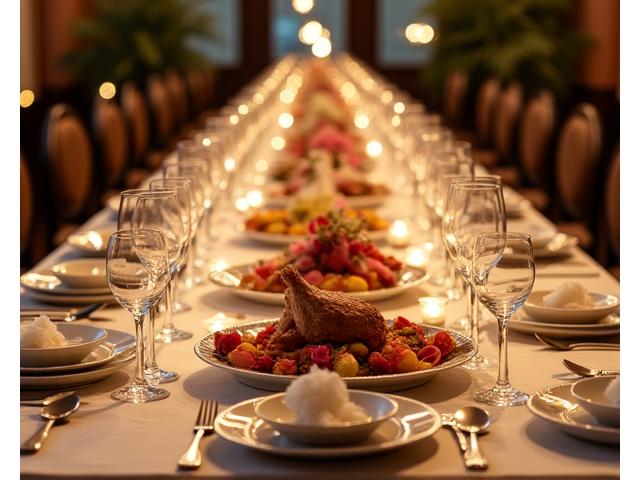 Vue élégante d'une table de banquet dressée par Lumière Cuisine avec des mets délicats et un service impeccable.