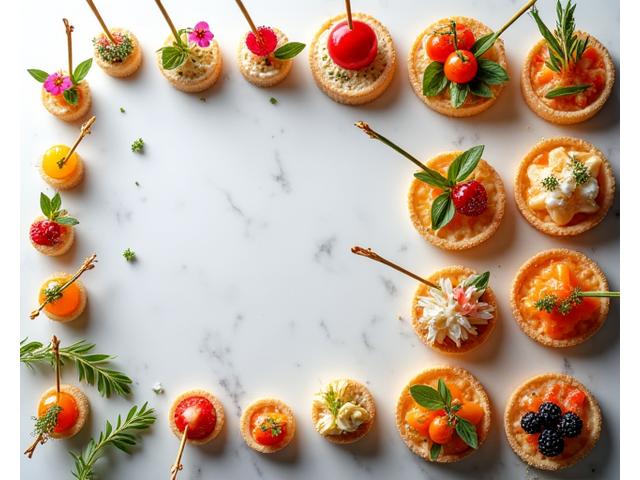Assortiment coloré de finger food gastronomique pour un cocktail, présenté avec art.
