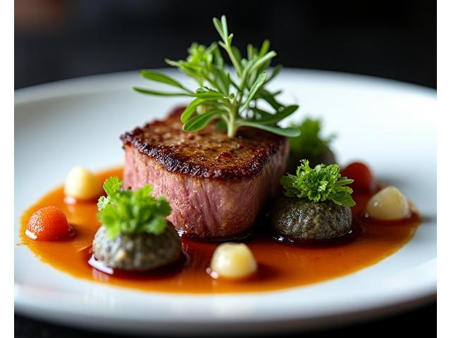 Plat principal d'un dîner gastronomique avec une présentation artistique d'un plat de viande et de légumes.