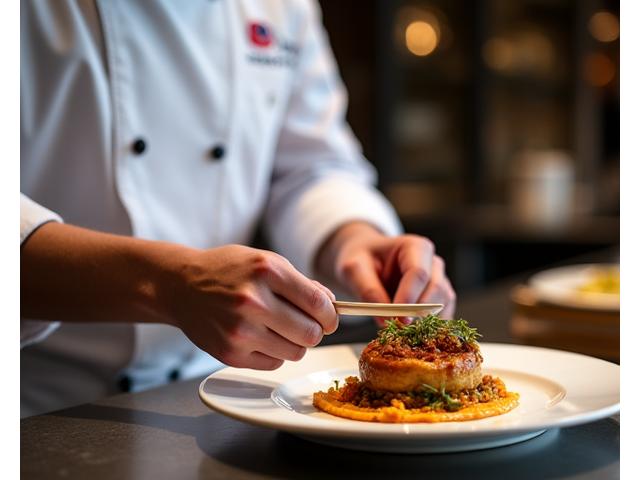 Chef cuisinier de Lumière Cuisine dressant un plat sophistiqué pour un dîner privé.