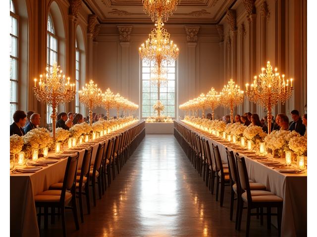 Magnifique table de mariage dressée dans l'orangerie du Château de Fontainebleau.